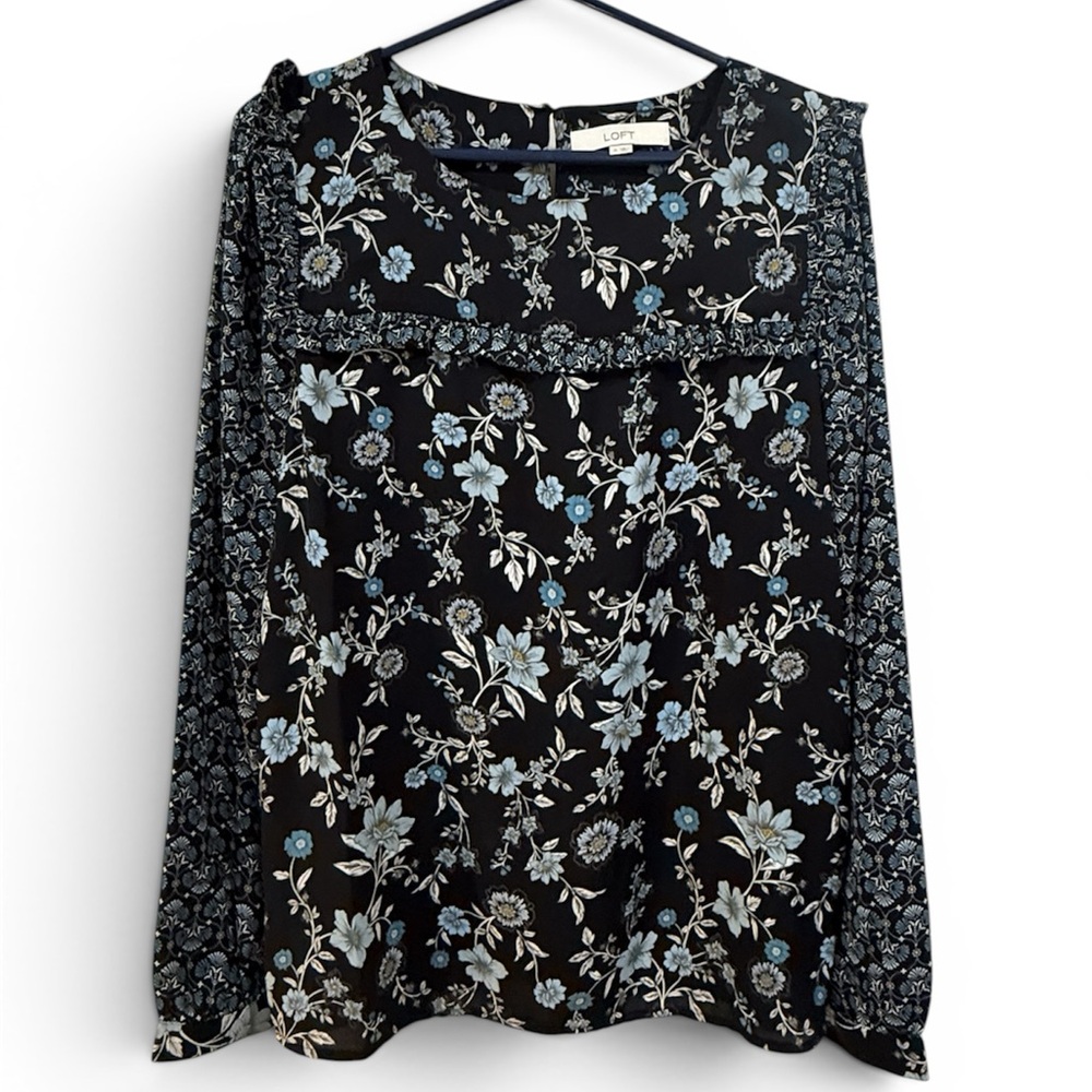 LOFT Black Floral Long-Sleeve Blouse with Light Blue and Cream Flowers